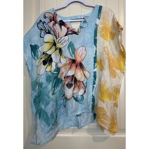 Chicos Linen Watercolor Tropical Poncho Coastal Sailboat Size S/M Boxy Beach